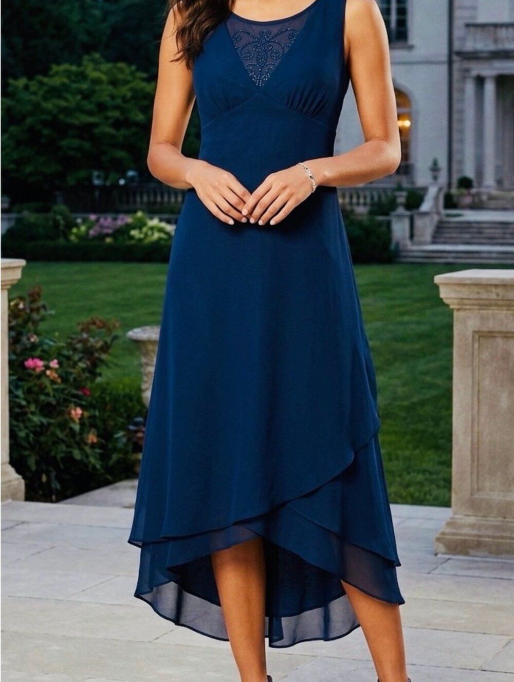 Los Angeles Gal Navy Beaded High-Low Chiffon Cocktail Dress Size 10/12